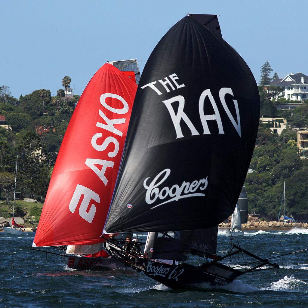 Coopers 62-Rag and Famish Hotel leads Asko Appliances on the run between Shark and Clarke Islands - Australian 18 Footers, League, Syd. Barnett Memorial Trophy,  Sunday, 14 December 2014, Sydney Harbour. © Australian 18 Footers League http://www.18footers.com.au